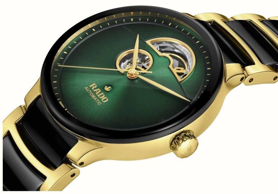 Men'S RADO | Rado Centrix Automatic Open Heart (39.5Mm) Green Dial / Black High-Tech Ceramic & Gold Stainless Steel