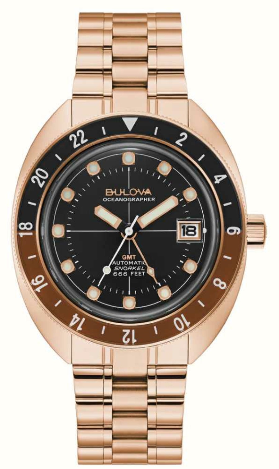 Men'S Bulova | Bulova Oceanographer Automatic Devil Diver Gmt (41Mm) Black Dial / Rose-Gold Pvd Stainless Steel