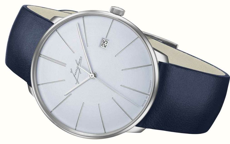 Men'S Junghans | Junghans Meister Fein Automatic Signatur (39.5Mm) Light Blue Dial / Blue Leather Strap