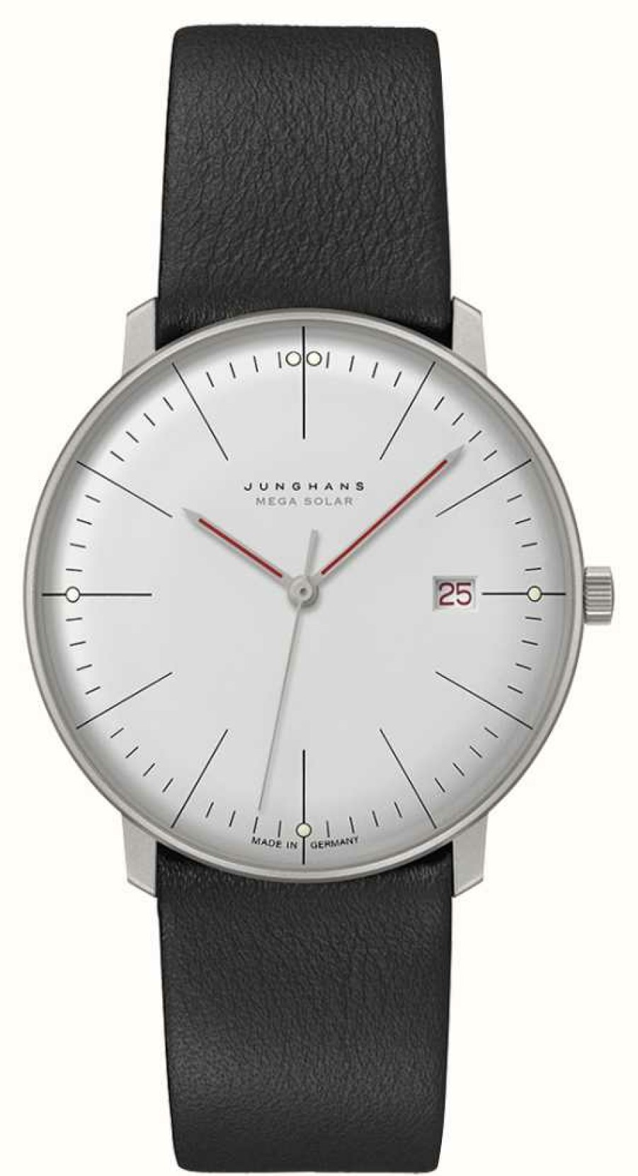 Men'S Junghans | Junghans Max Bill Mega Solar (38Mm) White Dial / Black Leather Strap