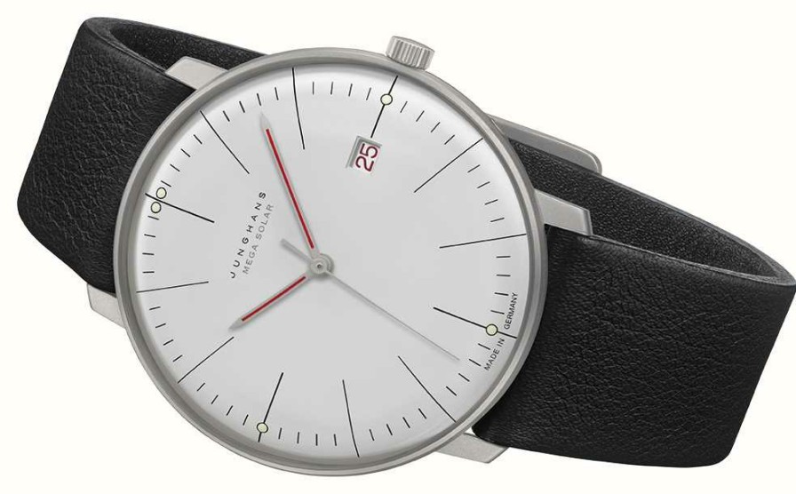 Men'S Junghans | Junghans Max Bill Mega Solar (38Mm) White Dial / Black Leather Strap