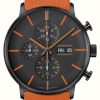 Men'S Junghans | Junghans Form A Chronoscope (43Mm) Black & Orange Dial / Orange Leather Strap