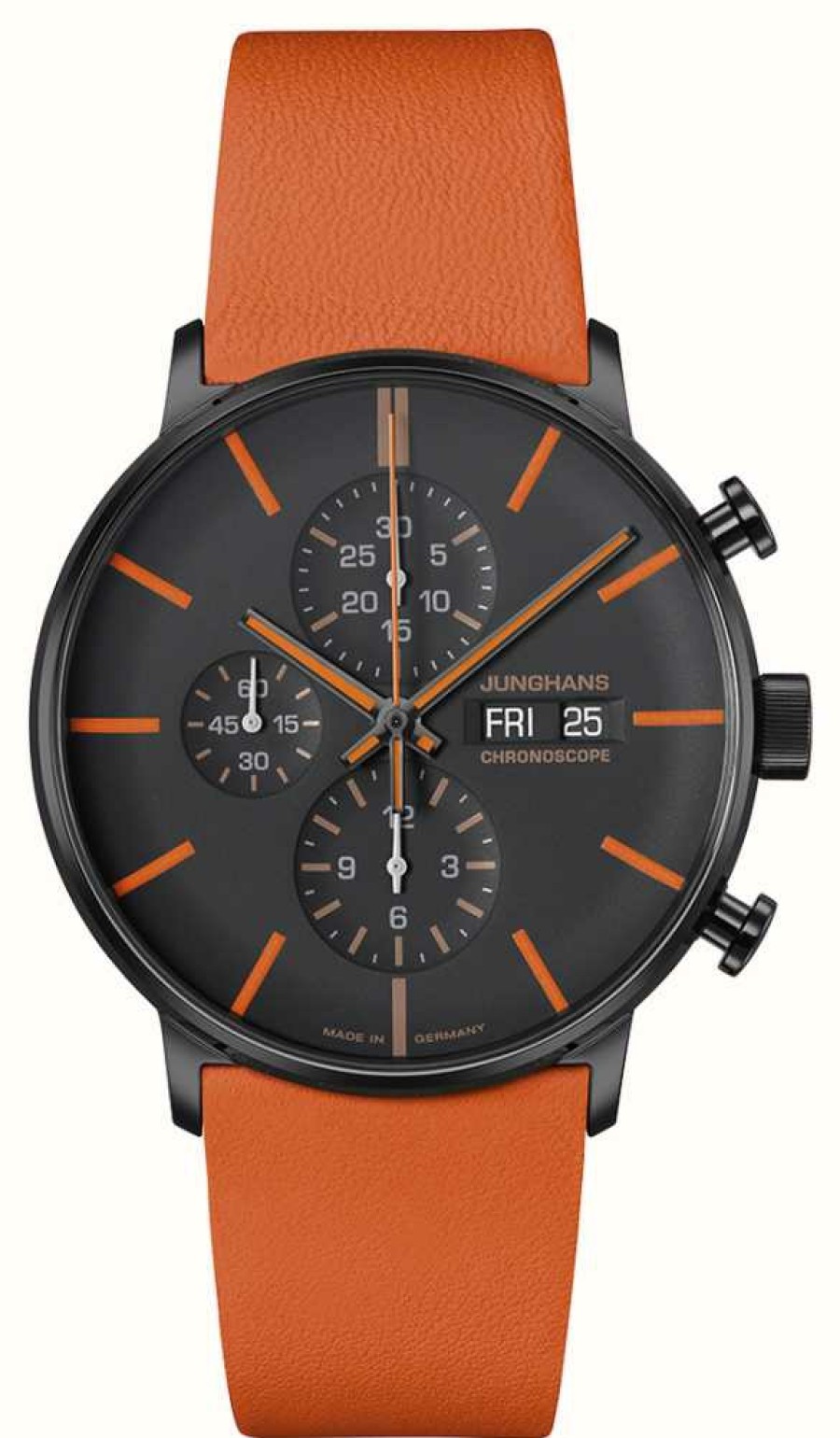 Men'S Junghans | Junghans Form A Chronoscope (43Mm) Black & Orange Dial / Orange Leather Strap