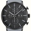 Men'S Junghans | Junghans Form A Chronoscope (42Mm) Black & Grey Dial / Grey Leather Strap