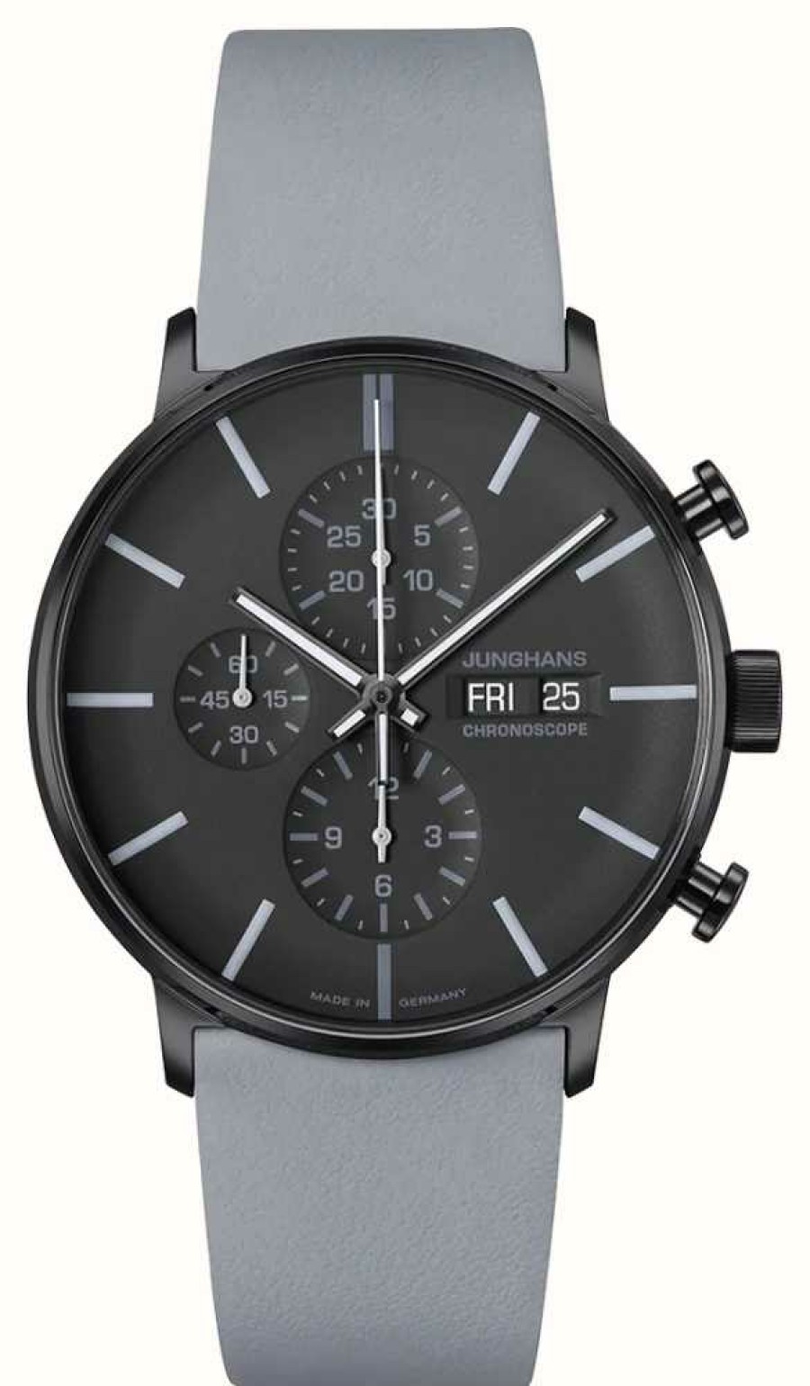 Men'S Junghans | Junghans Form A Chronoscope (42Mm) Black & Grey Dial / Grey Leather Strap