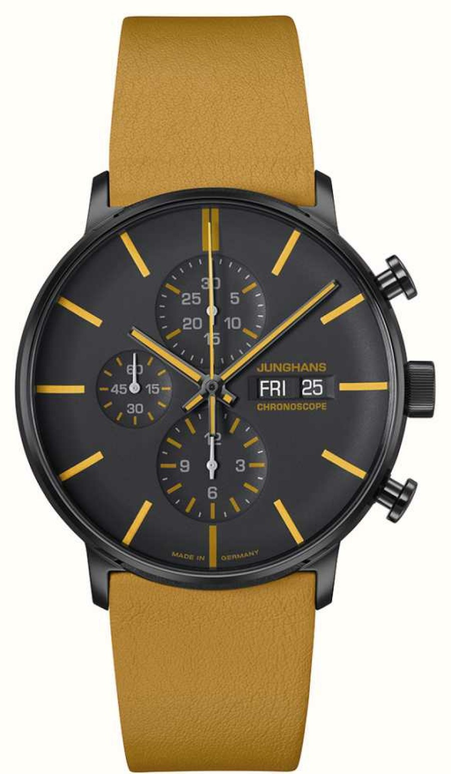 Men'S Junghans | Junghans Form A Chronoscope (42Mm) Black & Yellow Dial / Yellow Leather Strap