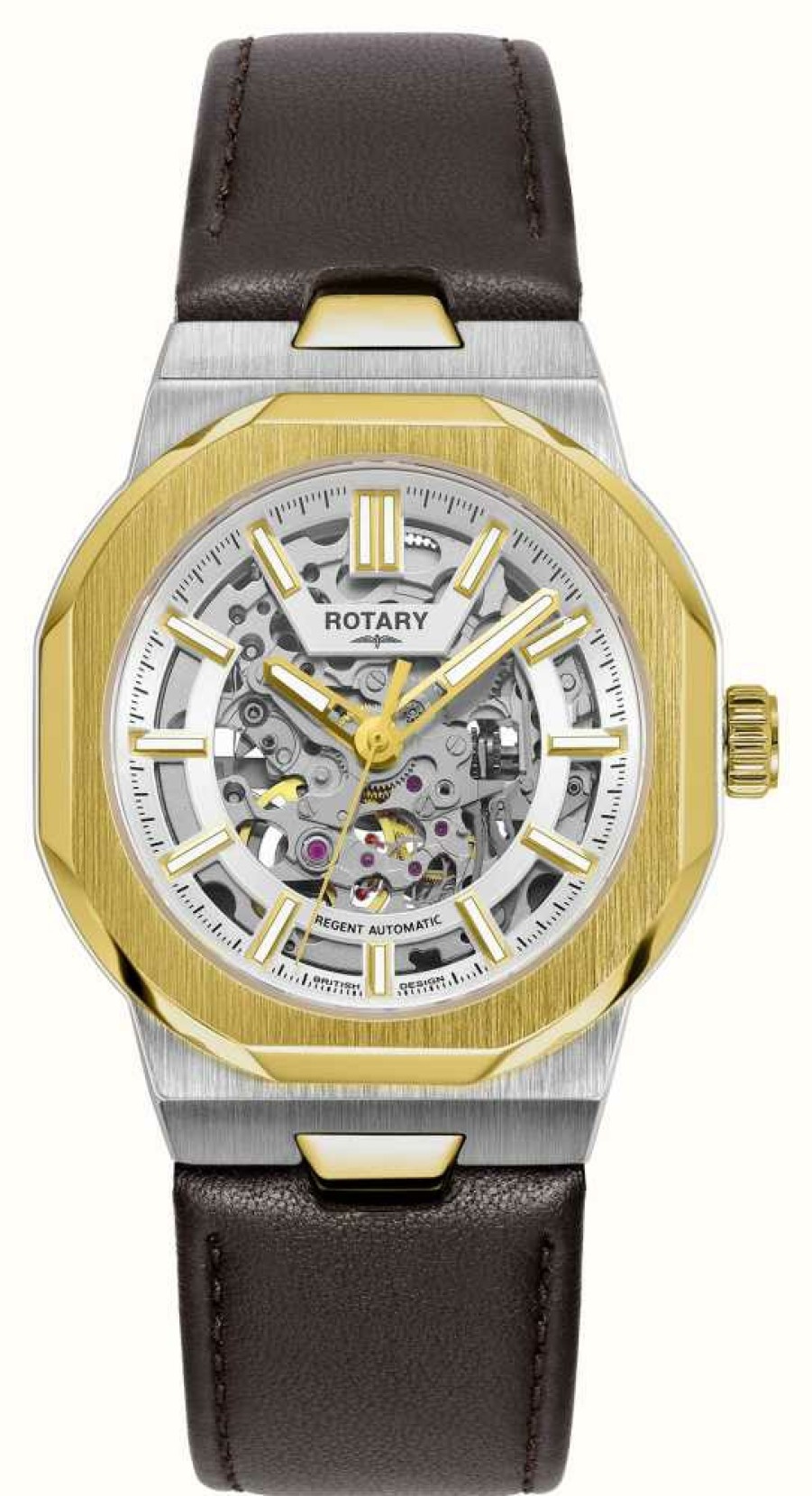 Men'S Rotary | Rotary Regent Skeleton Automatic (40Mm) White Skeleton Dial / Brown Leather