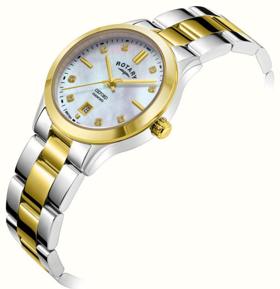 Women'S Rotary | Rotary Women'S Oxford (30Mm) Diamond-Set Mother-Of-Pearl Dial / Two-Tone Stainless Steel Bracelet