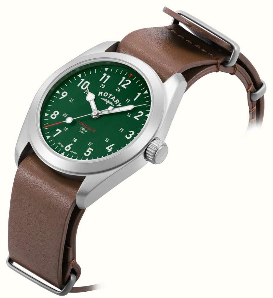 Men'S Rotary | Rotary Rw 1895 Commando Field (37Mm) Green Dial / Brown Leather Nato Strap