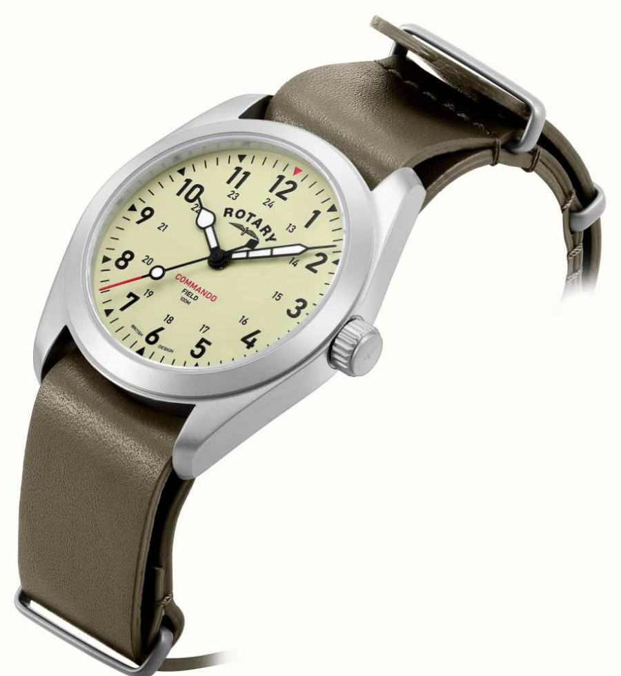 Men'S Rotary | Rotary Men'S Rw 1895 Commando Field (37Mm) Cream Dial / Khaki Leather Nato Strap