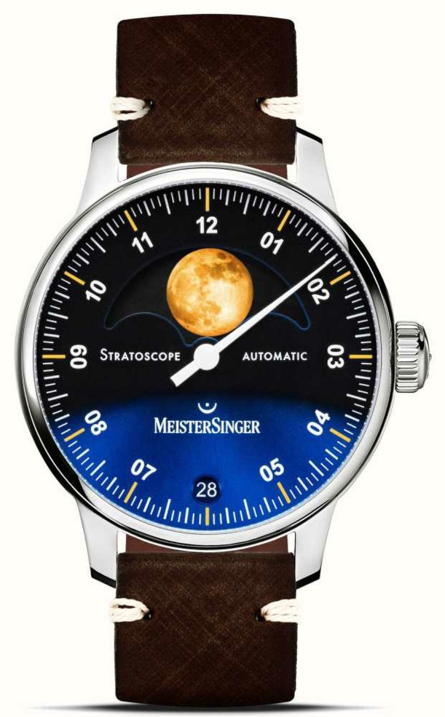 Men'S MeisterSinger | Meistersinger Stratoscope (43Mm) Blue Dial / Brown Leather Strap