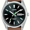 Men'S Lorus | Lorus Classic Automatic Day/Date 100M (42.5Mm) Black Sunray Dial / Brown Leather