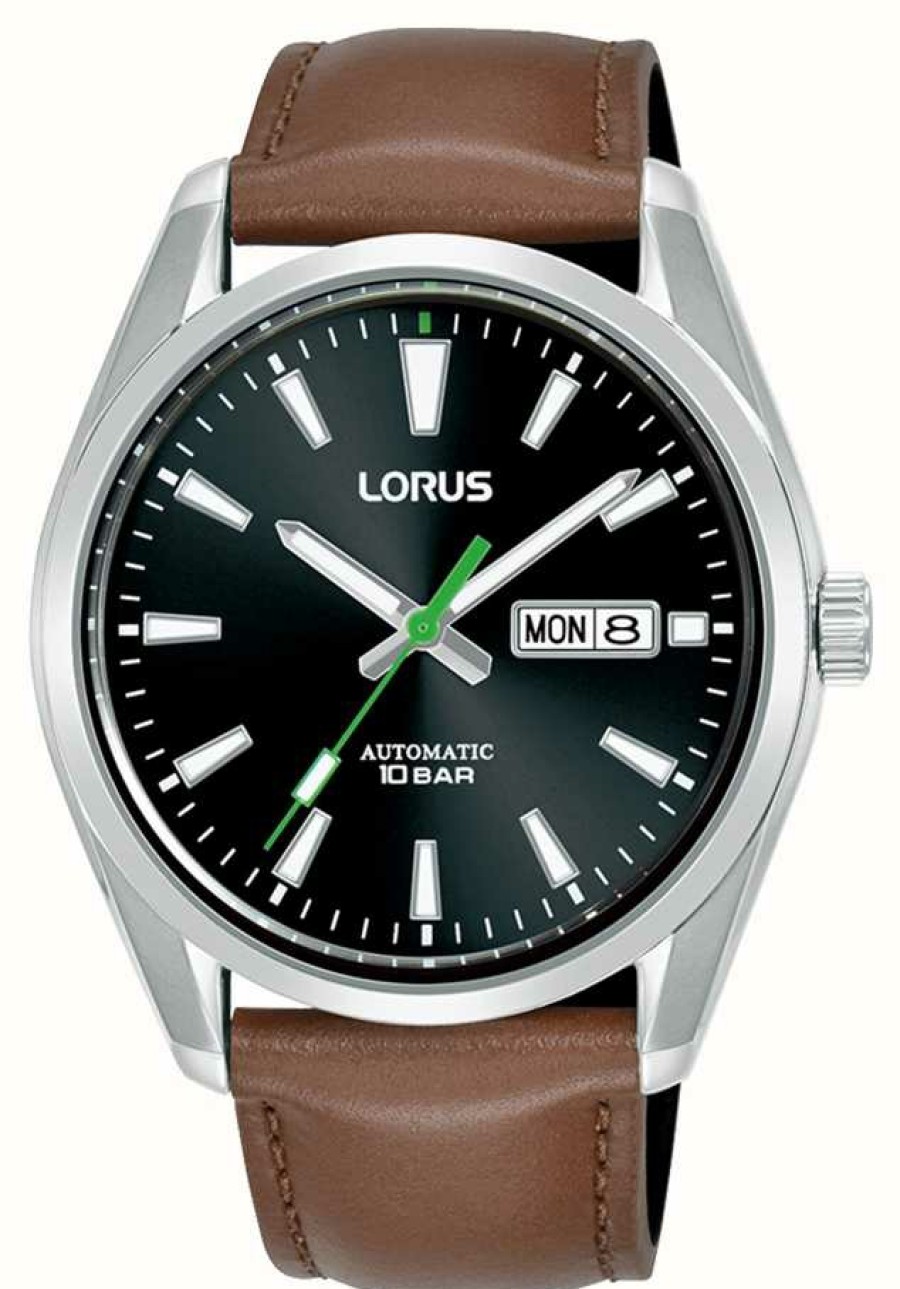 Men'S Lorus | Lorus Classic Automatic Day/Date 100M (42.5Mm) Black Sunray Dial / Brown Leather