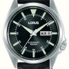 Men'S Lorus | Lorus Sports Automatic Day/Date 100M (42Mm) Black Sunray Dial / Black Leather