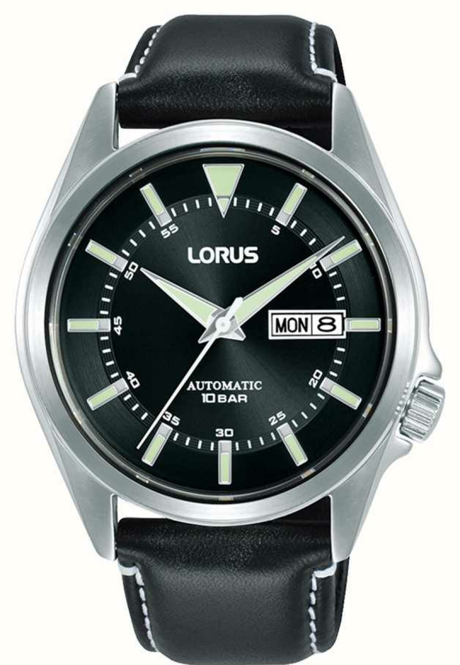 Men'S Lorus | Lorus Sports Automatic Day/Date 100M (42Mm) Black Sunray Dial / Black Leather