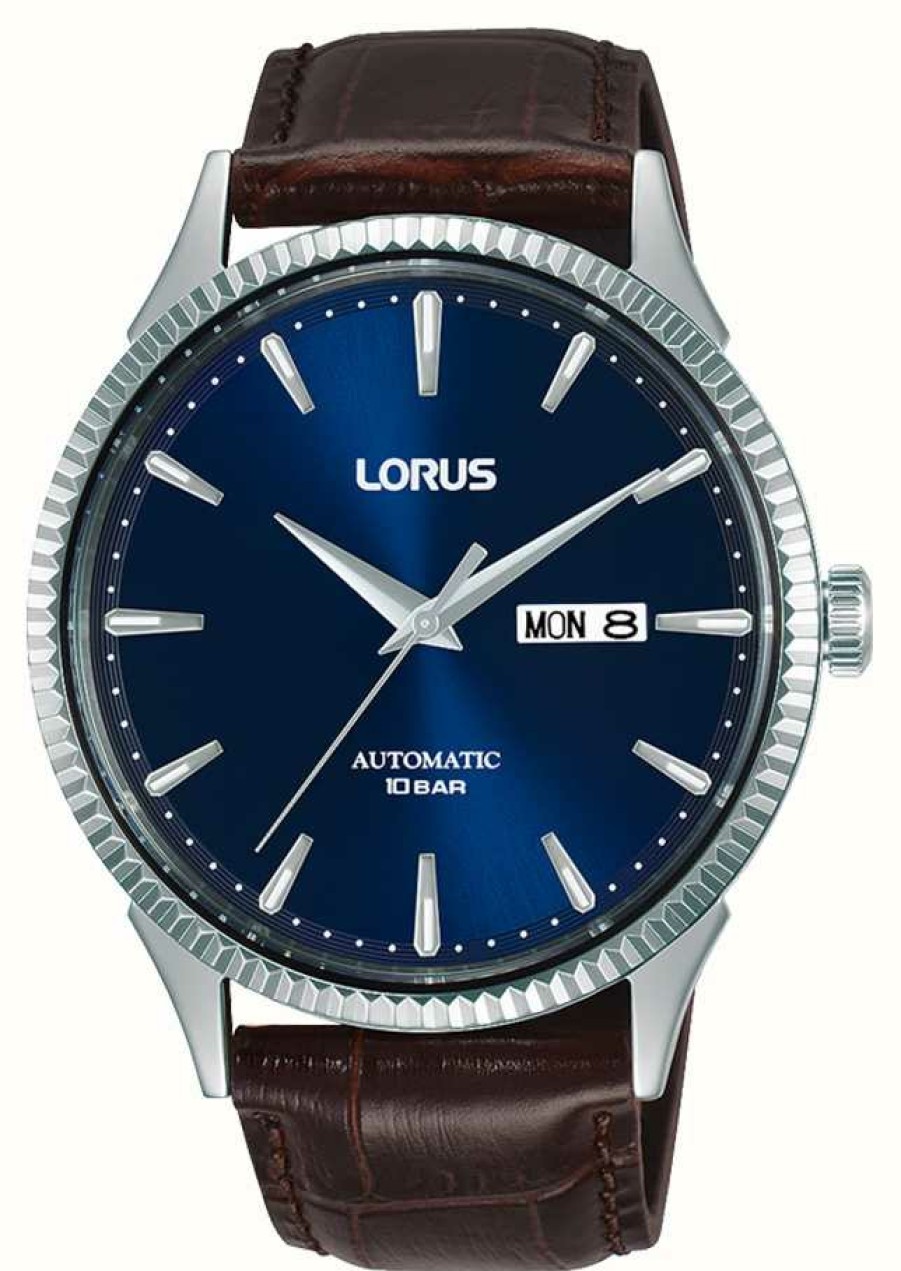 Men'S Lorus | Lorus Classic Automatic Day/Date 100M (43Mm) Blue Sunray Dial / Brown Leather