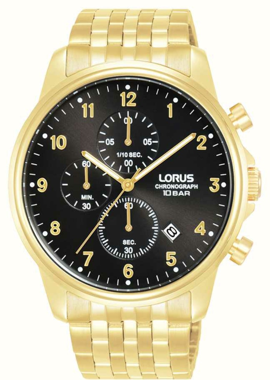 Men'S Lorus | Lorus Sports Quartz Chronograph 100M (43Mm) Black Sunray Dial / Gold Pvd Stainless Steel