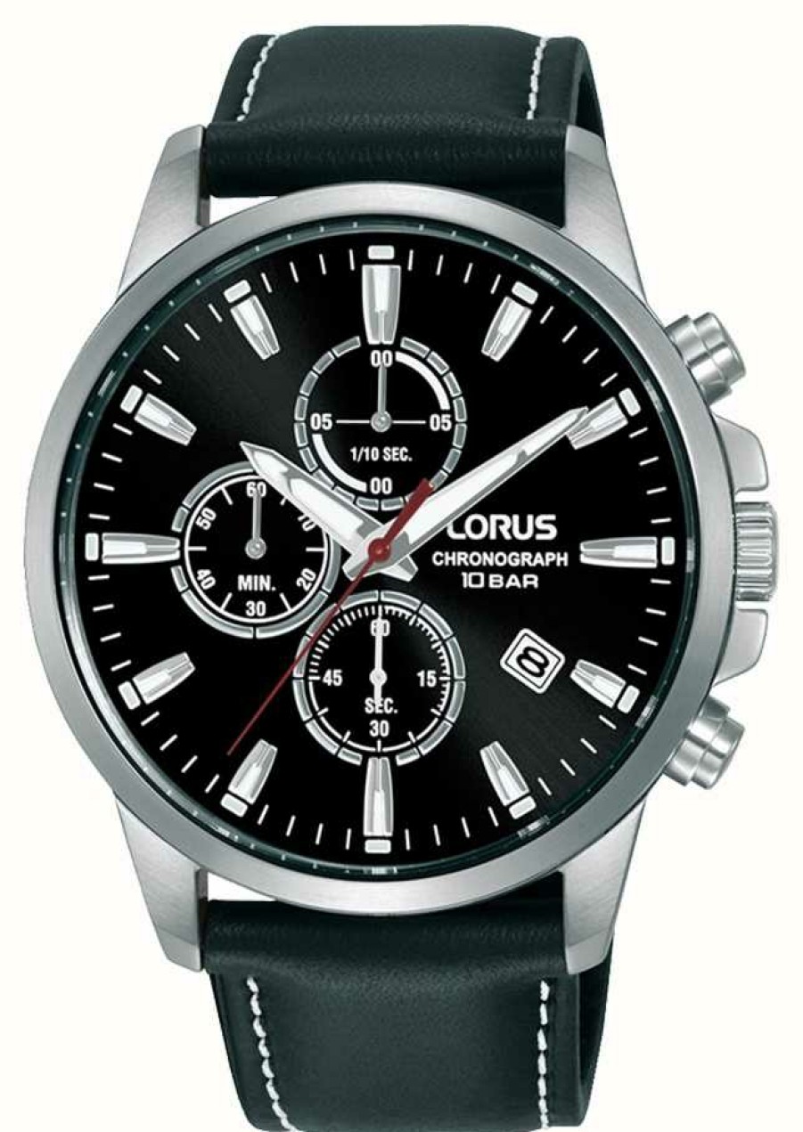 Men'S Lorus | Lorus Sports Quartz Chronograph 100M (42Mm) Black Sunray Dial / Black Leather