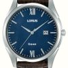 Men'S Lorus | Lorus Classic Date (42Mm) Dark Blue Hairline Dial / Brown Leather