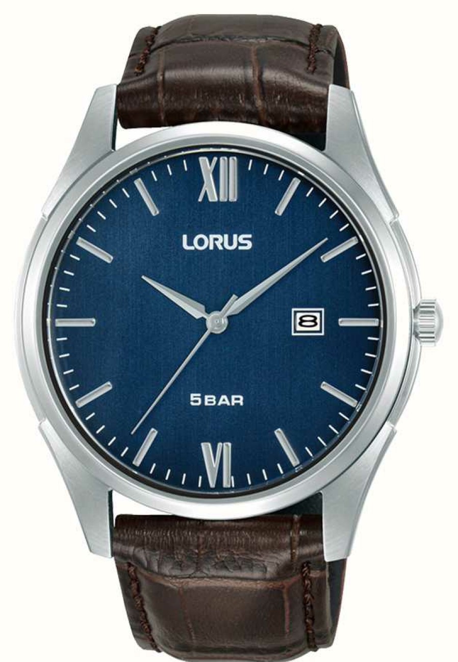 Men'S Lorus | Lorus Classic Date (42Mm) Dark Blue Hairline Dial / Brown Leather