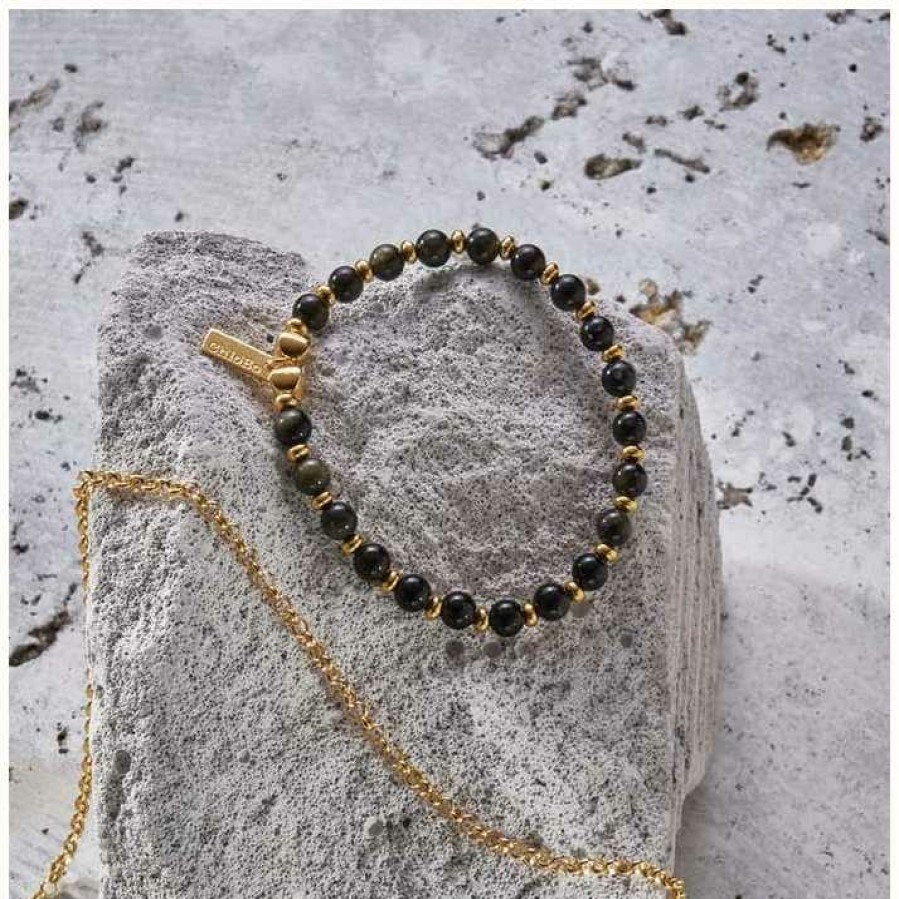 Jewelry ChloBo Jewellery | Chlobo Man Golden Obsidian Slim Round Bracelet