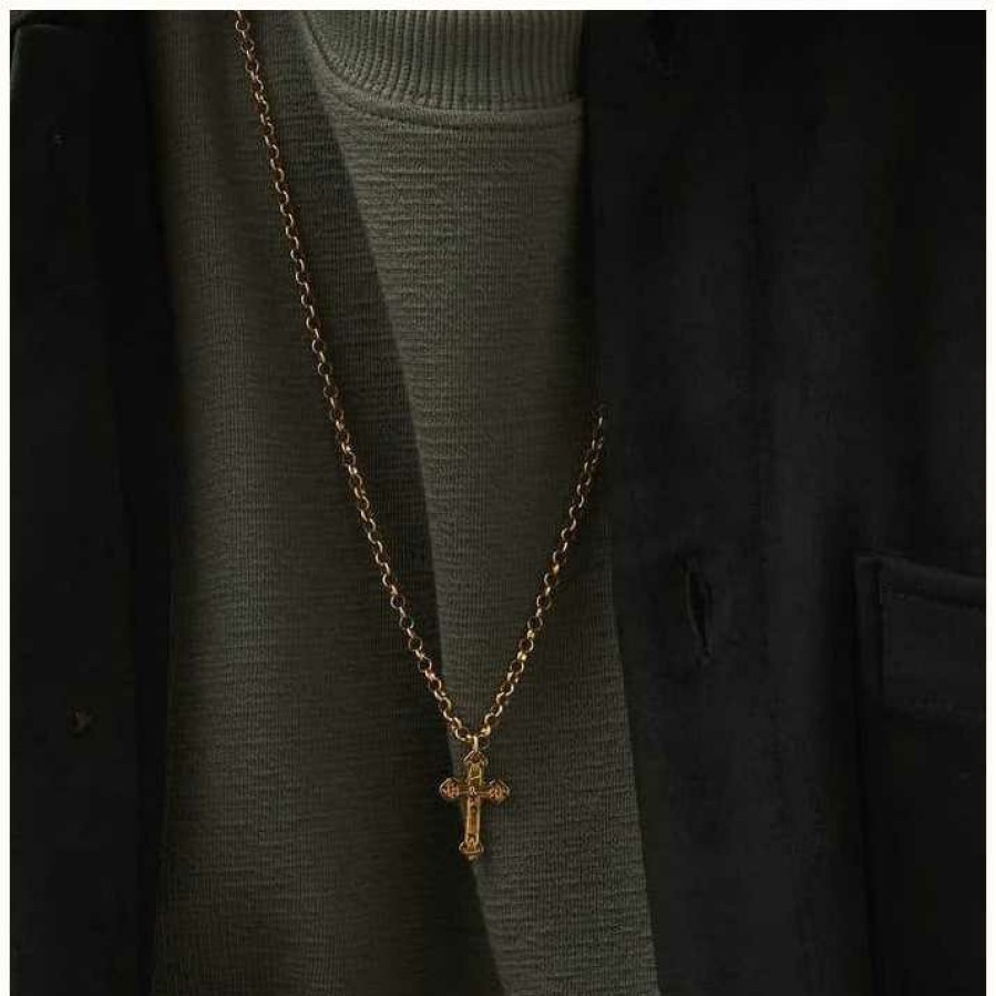 Jewelry ChloBo Jewellery | Chlobo Man Gold Belcher Chain Embossed Cross Necklace