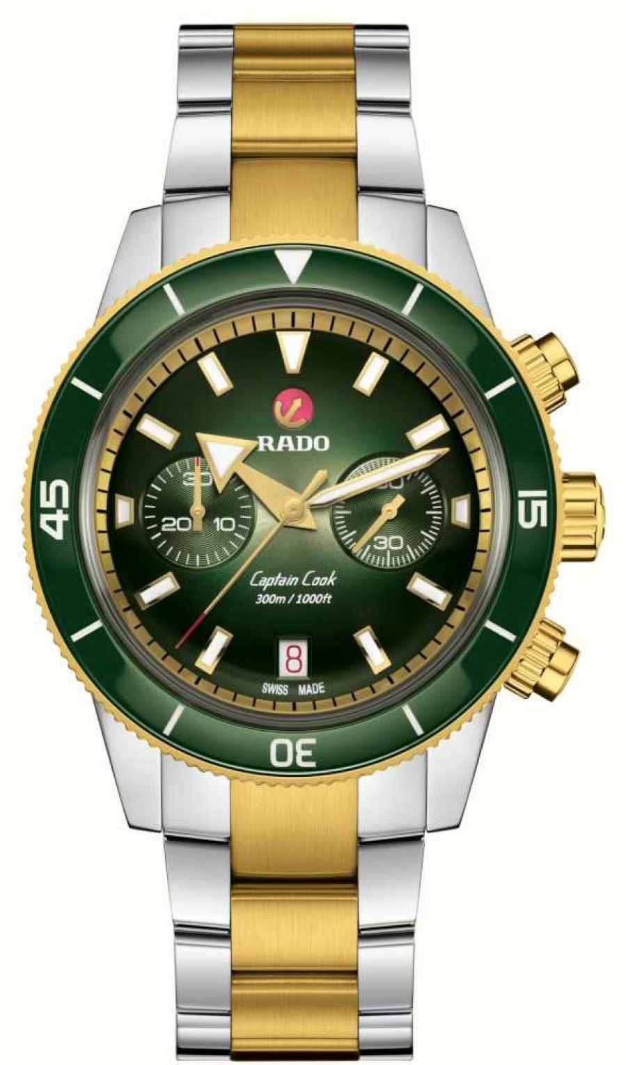 Men'S RADO | Rado Captain Cook Chronograph Automatic (43Mm) Green Dial / Stainless Steel Bracelet + 2 Extra Straps