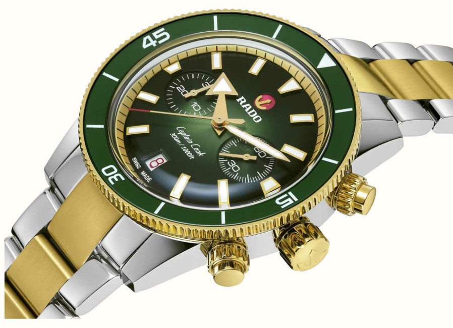 Men'S RADO | Rado Captain Cook Chronograph Automatic (43Mm) Green Dial / Stainless Steel Bracelet + 2 Extra Straps