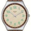 Men'S Swatch | Swatch Tabby Hepcat (42Mm) Cream Dial / Brown Leather Strap