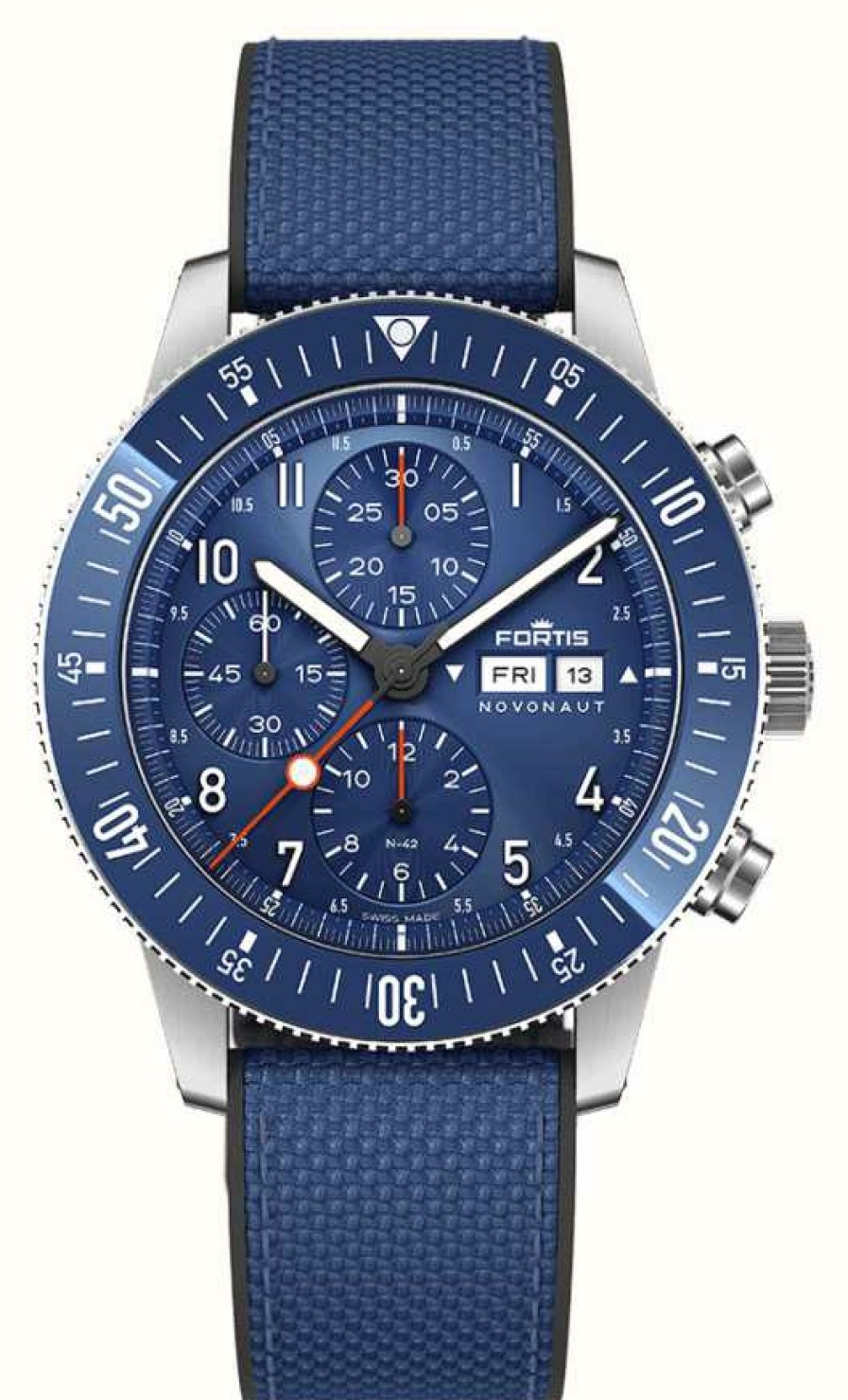 Men'S FORTIS | Fortis Novonaut N-42 Stratosphere-Tested Manufacture Chronograph (42Mm) Cobalt Blue Edition On Hybrid Strap