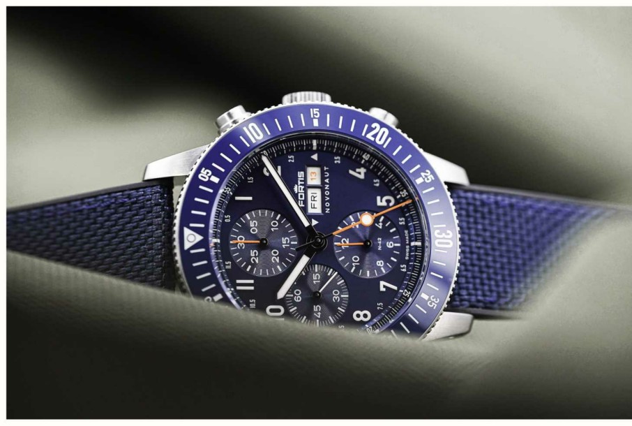 Men'S FORTIS | Fortis Novonaut N-42 Stratosphere-Tested Manufacture Chronograph (42Mm) Cobalt Blue Edition On Hybrid Strap