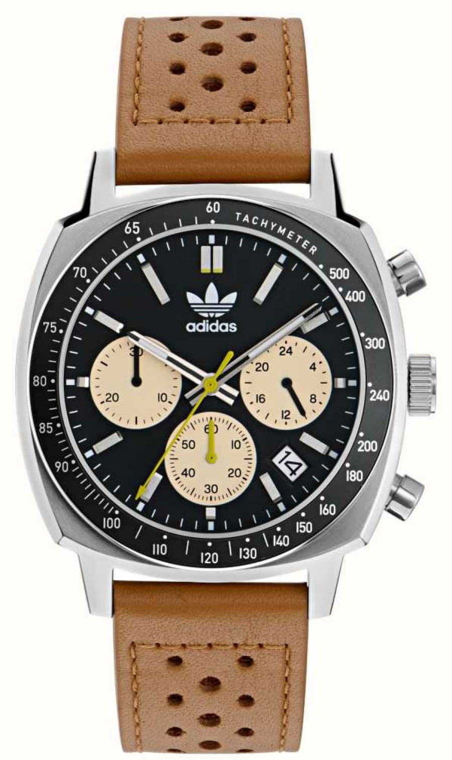 Men'S Adidas | Adidas Master Originals One Chronograph (44Mm) Black Dial / Tan Brown Leather