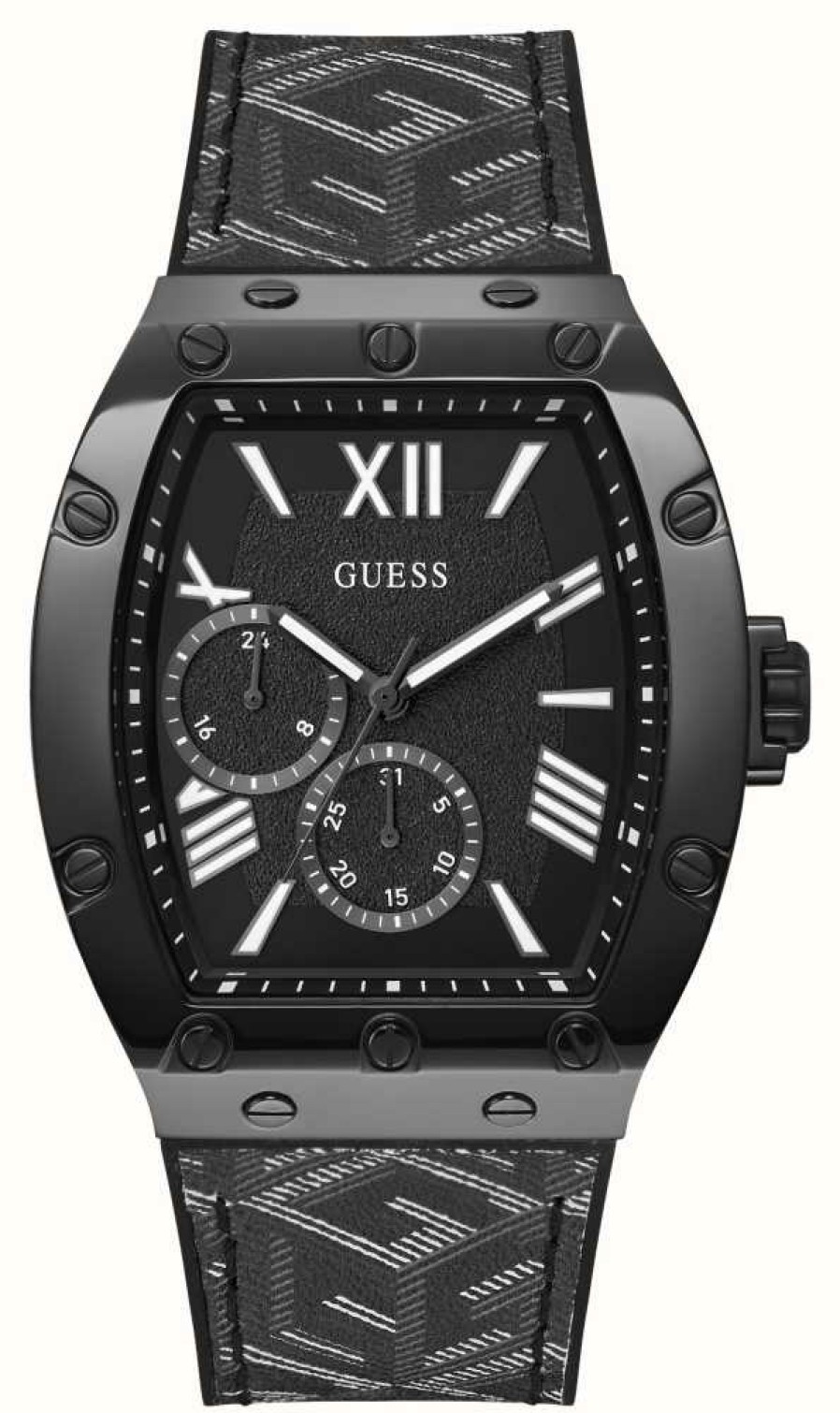 Men'S Guess | Guess Men'S Falcon (43Mm) Black Dial / Black Leather Silicone Strap