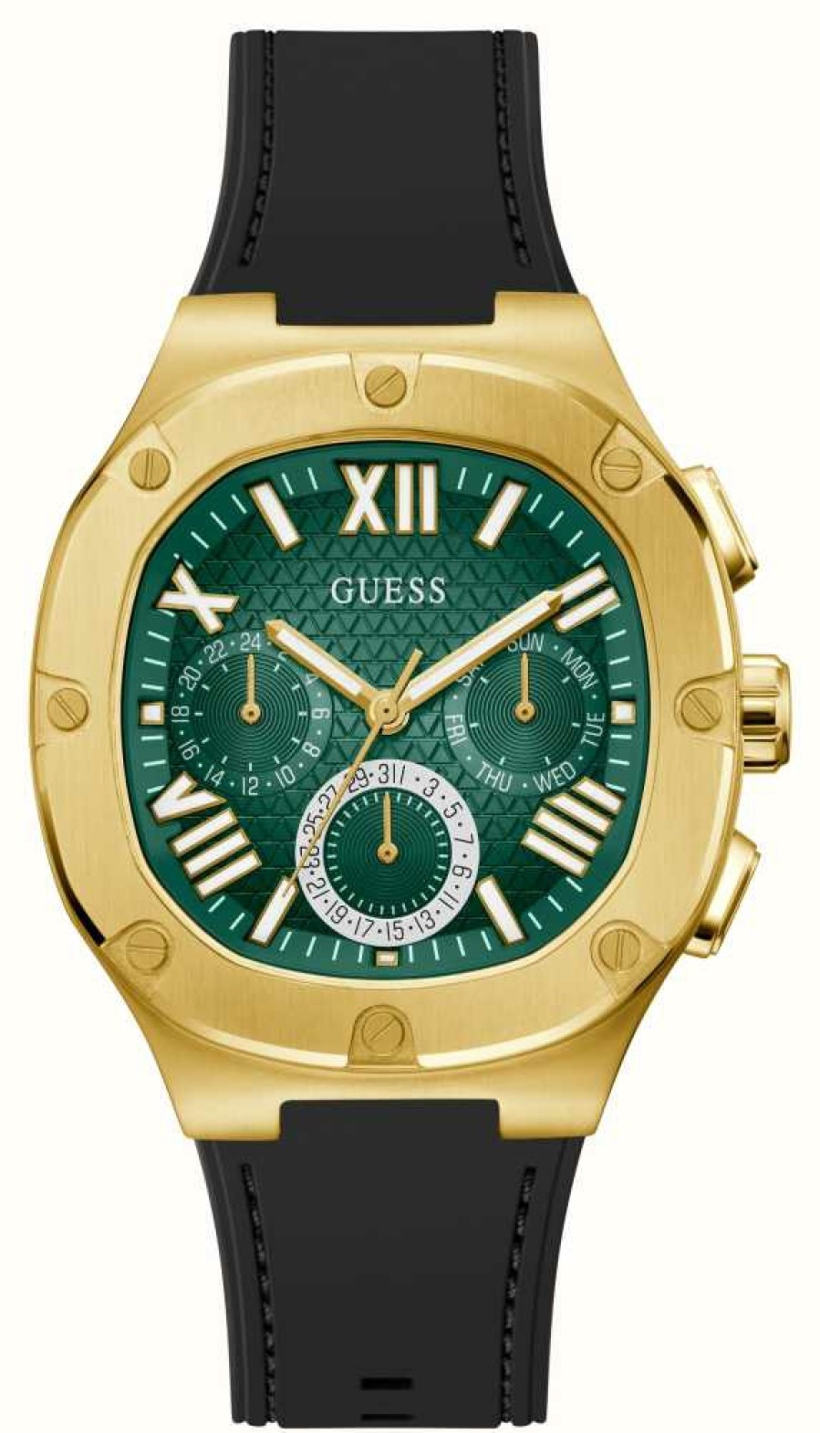 Men'S Guess | Guess Men'S Headline (42Mm) Green Dial / Black Silicone Strap