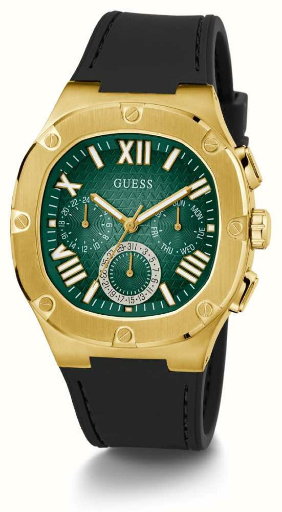 Men'S Guess | Guess Men'S Headline (42Mm) Green Dial / Black Silicone Strap