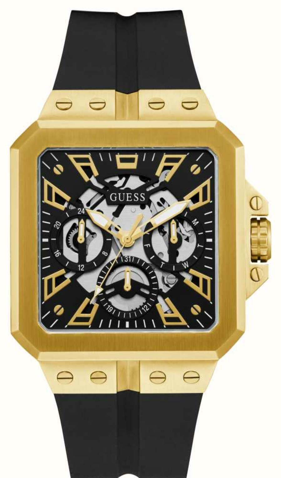 Men'S Guess | Guess Men'S Leo (42Mm) Black Dial / Black Silicone Strap