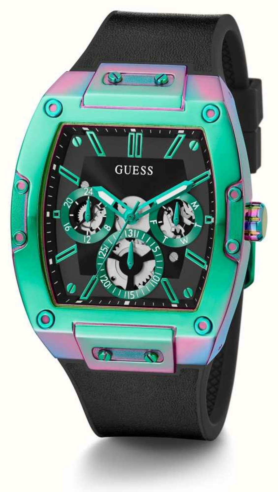 Men'S Guess | Guess Men'S Phoenix (41.5Mm) Black Dial / Black Leather And Silicone Strap