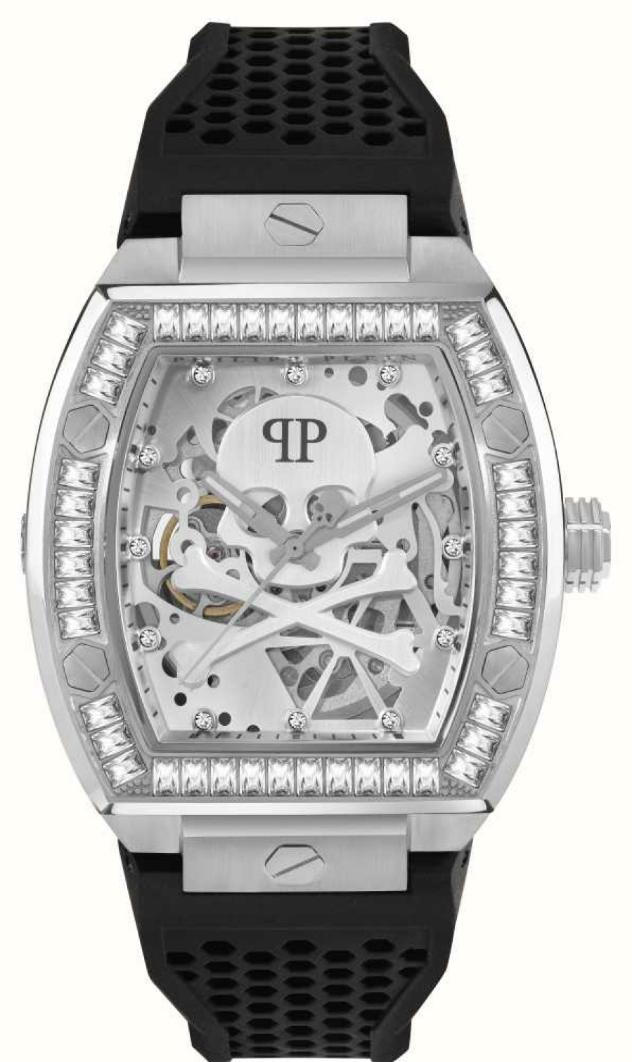 Jewelry Philipp Plein | Philipp Plein Men'S The Skeleton High-Conic (44Mm) Silver Skeleton Dial / Black Silicone Strap