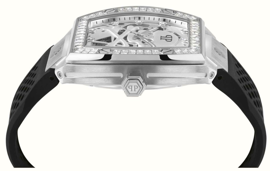 Jewelry Philipp Plein | Philipp Plein Men'S The Skeleton High-Conic (44Mm) Silver Skeleton Dial / Black Silicone Strap