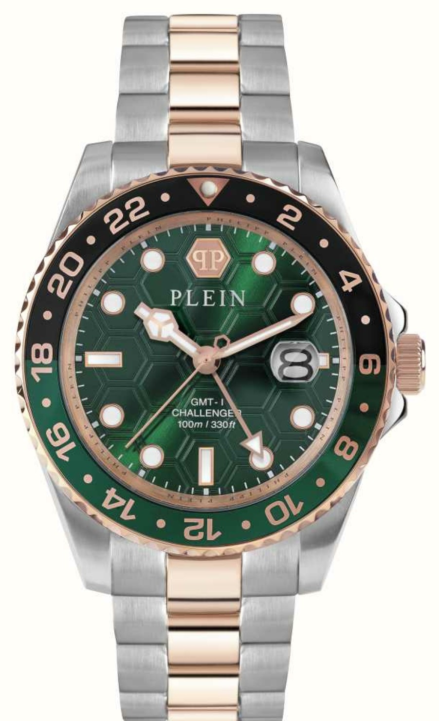 Jewelry Philipp Plein | Philipp Plein Hyper Sport Gmt-I Challenger (44Mm) Green Dial / Two-Tone Stainless Steel Bracelet