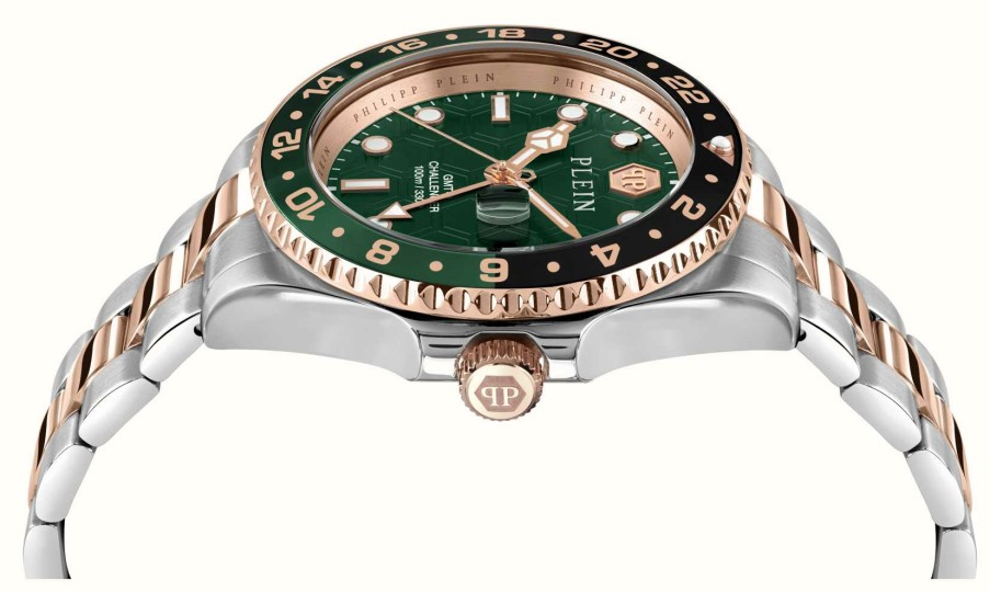 Jewelry Philipp Plein | Philipp Plein Hyper Sport Gmt-I Challenger (44Mm) Green Dial / Two-Tone Stainless Steel Bracelet