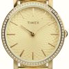 Women'S Timex | Timex Women'S (34Mm) Gold Dial / Gold-Tone Steel Mesh Bracelet