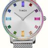 Women'S Timex | Timex Women'S (34Mm) Silver Dial Rainbow Crystals / Stainless Steel Mesh Bracelet