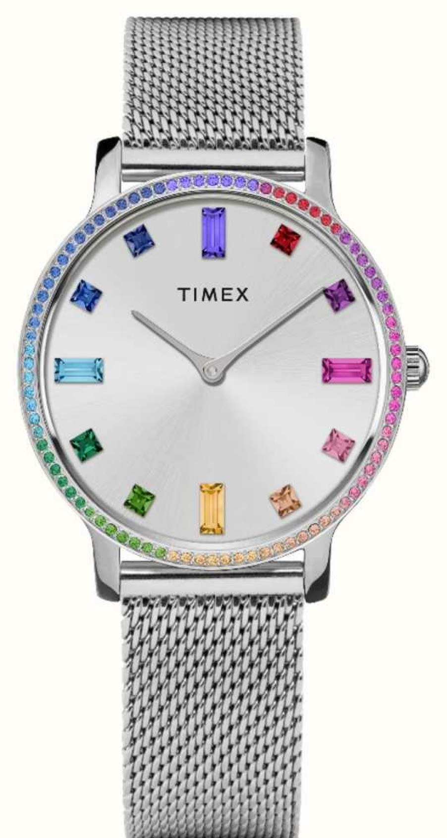 Women'S Timex | Timex Women'S (34Mm) Silver Dial Rainbow Crystals / Stainless Steel Mesh Bracelet