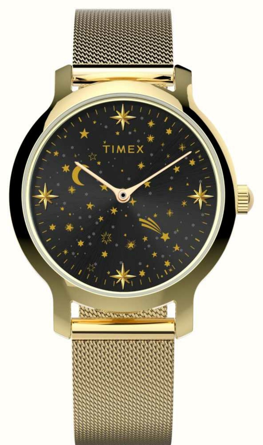 Women'S Timex | Timex Women'S Celestial Transcend (31Mm) Black Dial / Gold-Tone Steel Mesh Bracelet