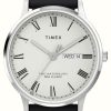 Men'S Timex | Timex Men'S Waterbury Classic (40Mm) White Dial / Black Leather Strap