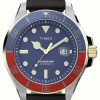 Men'S Timex | Timex Harborside Coast Automatic (43Mm) Blue Dial / Black Leather Strap