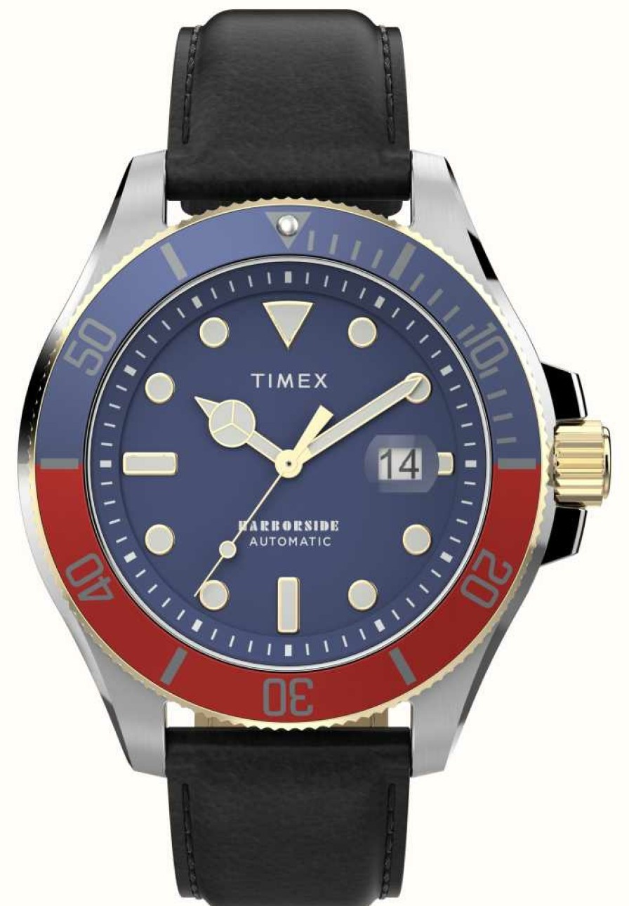 Men'S Timex | Timex Harborside Coast Automatic (43Mm) Blue Dial / Black Leather Strap