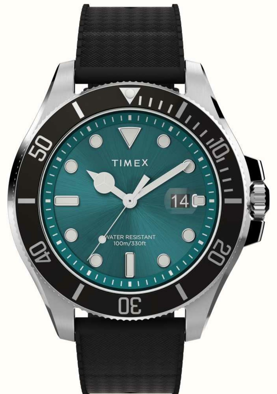 Men'S Timex | Timex Harborside Coast (43Mm) Green Dial / Black Silicone Strap