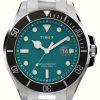 Men'S Timex | Timex Harborside Coast (43Mm) Green Dial / Stainless Steel Bracelet